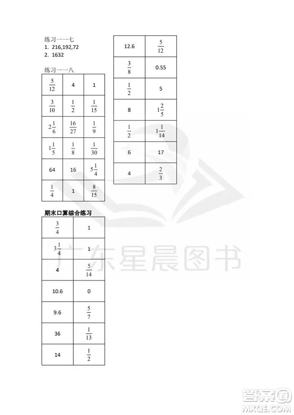 廣東人民出版社2023年秋核心素養(yǎng)數(shù)學口算每天一練六年級上冊人教版參考答案