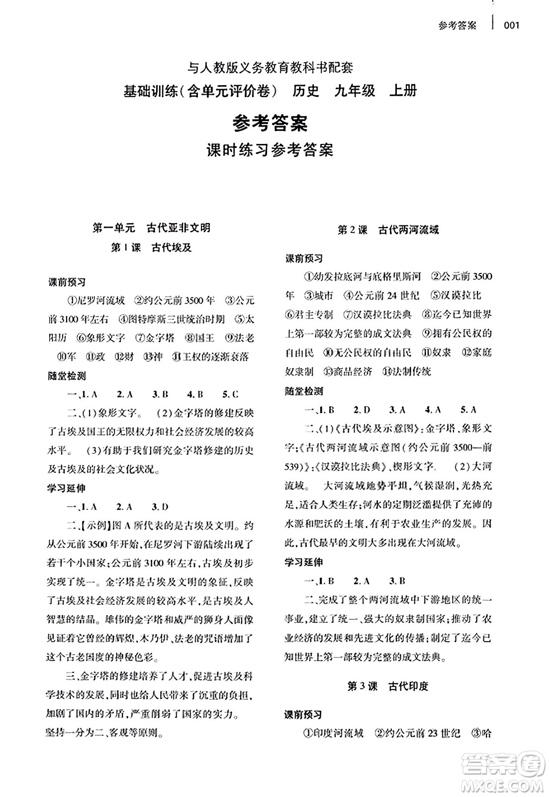 大象出版社2023年秋基礎(chǔ)訓(xùn)練九年級(jí)歷史上冊(cè)人教版答案