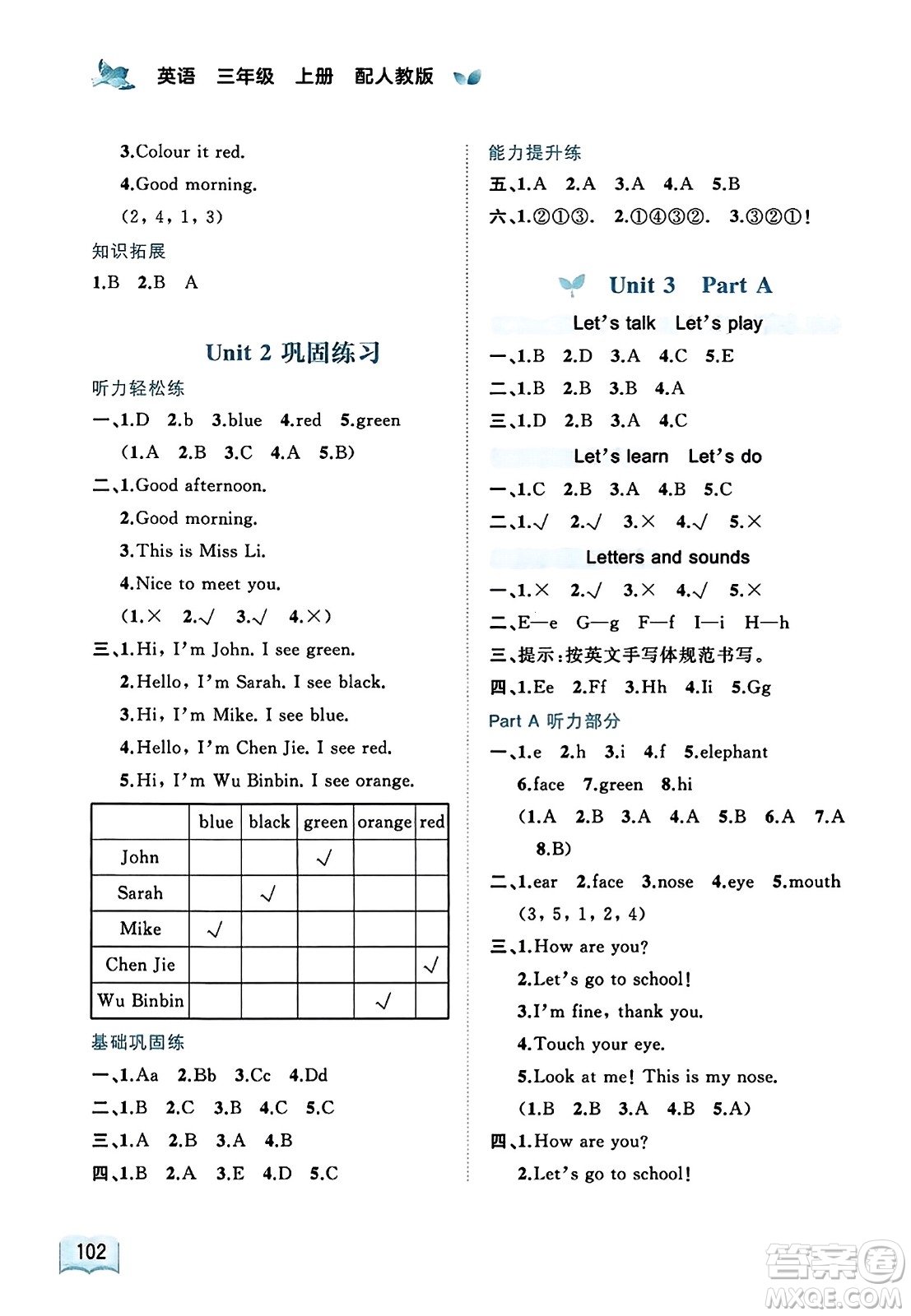 廣西教育出版社2023年秋新課程學習與測評同步學習三年級英語上冊人教版答案