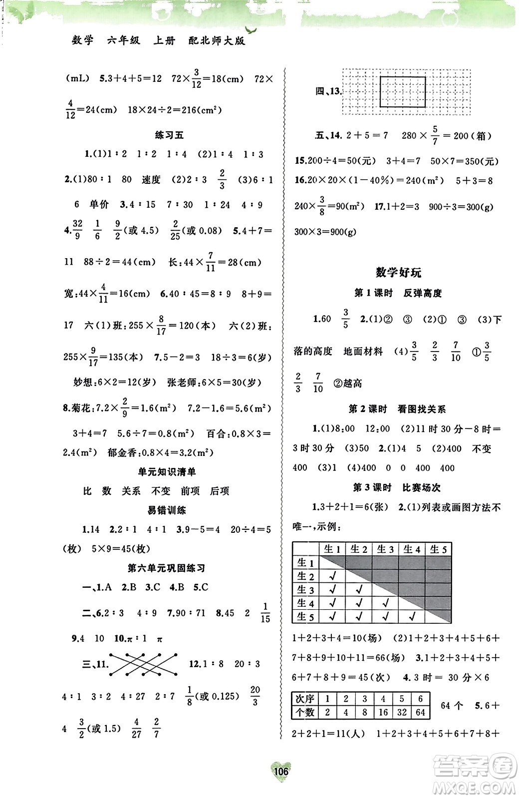 廣西教育出版社2023年秋新課程學(xué)習(xí)與測(cè)評(píng)同步學(xué)習(xí)六年級(jí)數(shù)學(xué)上冊(cè)北師大版答案