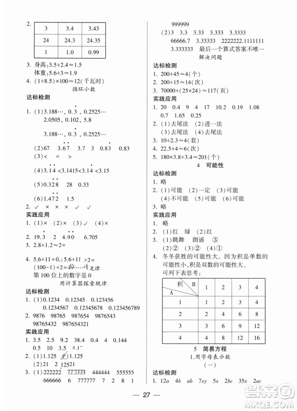 希望出版社2023年秋新課標(biāo)兩導(dǎo)兩練高效學(xué)案五年級數(shù)學(xué)上冊人教版參考答案