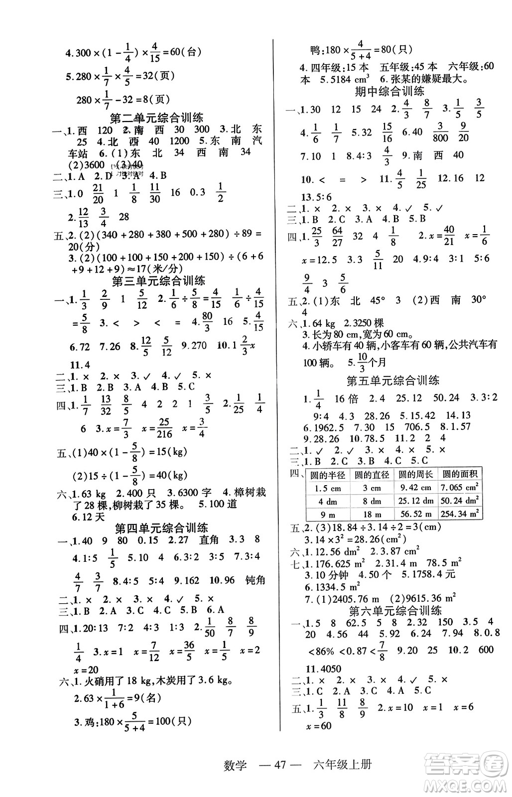 二十一世紀(jì)出版社2023年秋新課程新練習(xí)六年級數(shù)學(xué)上冊人教版答案