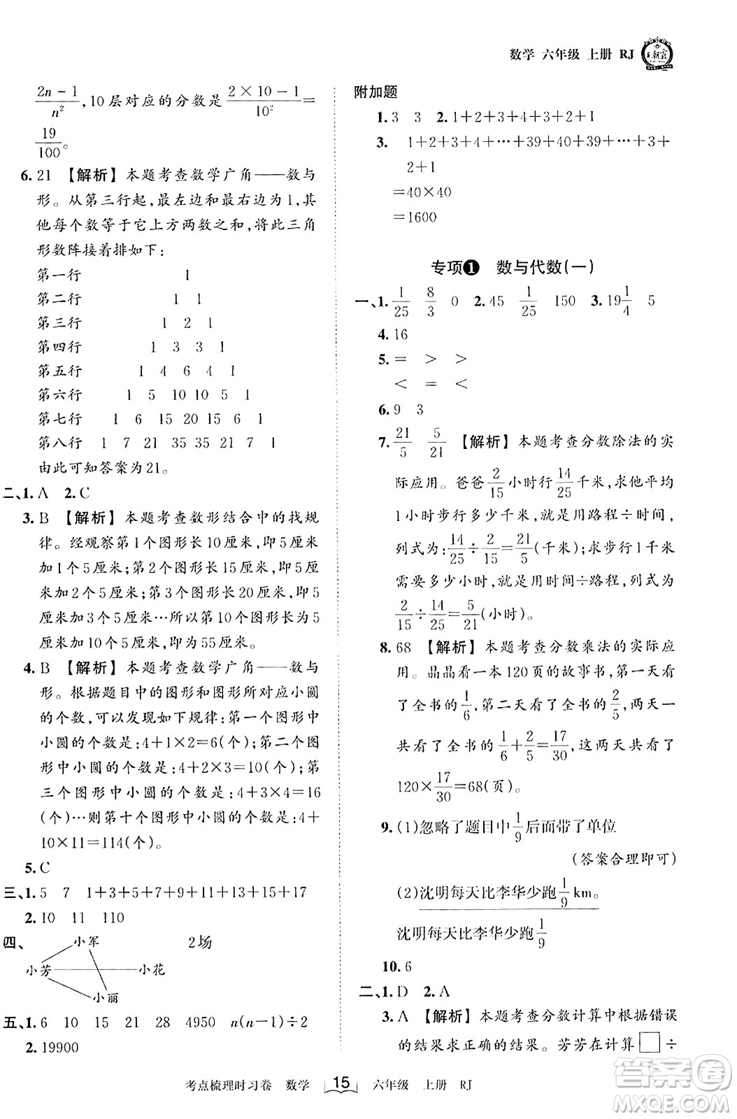 江西人民出版社2023年秋王朝霞考點(diǎn)梳理時習(xí)卷六年級數(shù)學(xué)上冊人教版答案