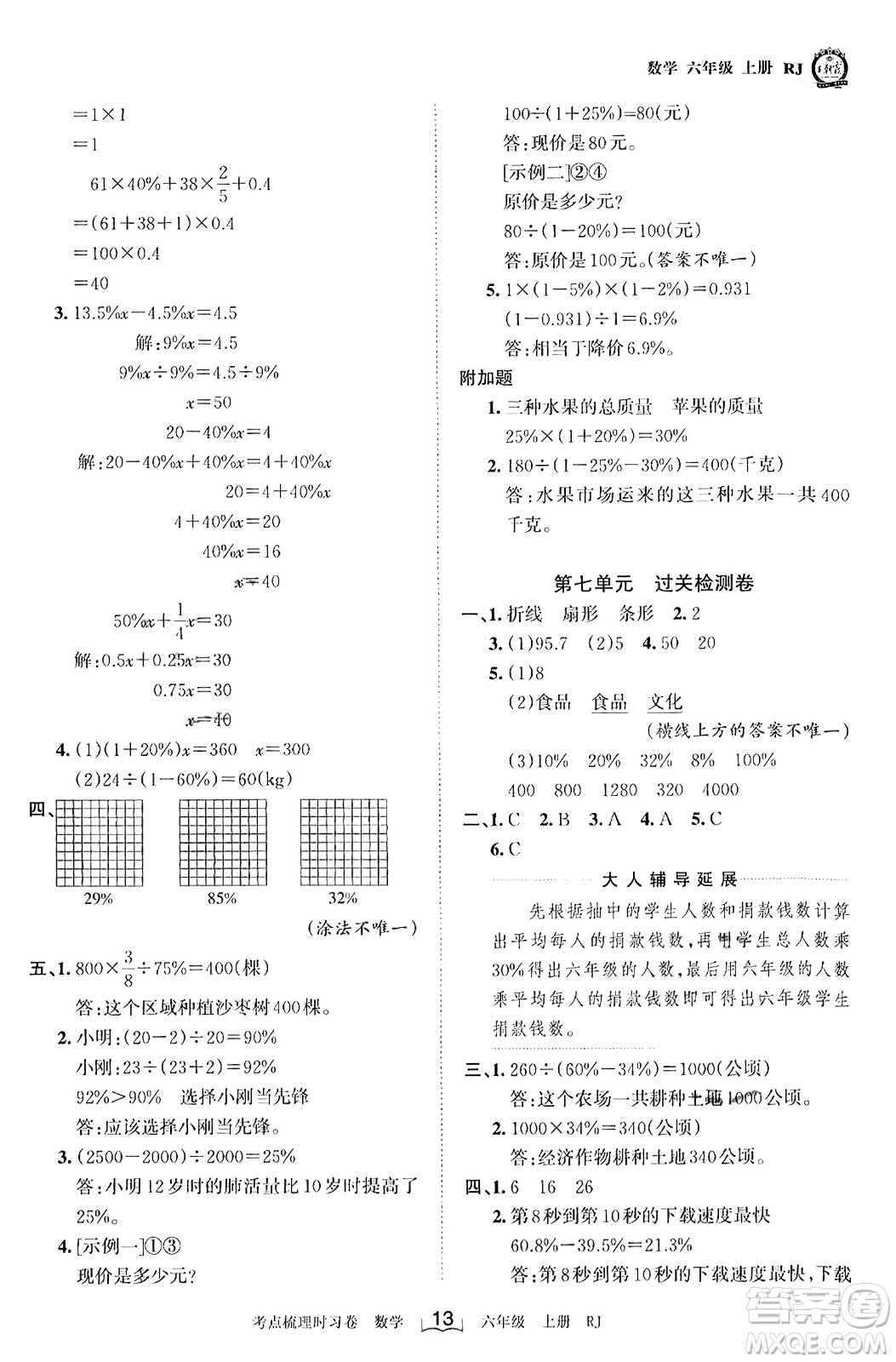 江西人民出版社2023年秋王朝霞考點(diǎn)梳理時習(xí)卷六年級數(shù)學(xué)上冊人教版答案