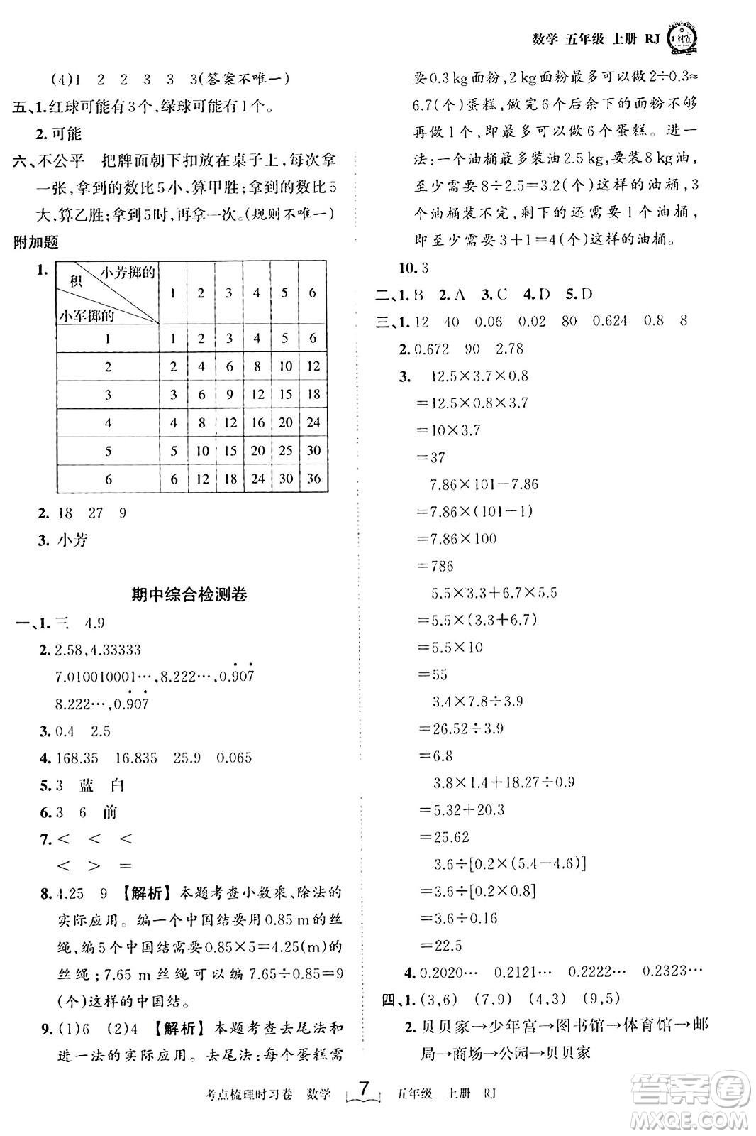 江西人民出版社2023年秋王朝霞考點梳理時習(xí)卷五年級數(shù)學(xué)上冊人教版答案