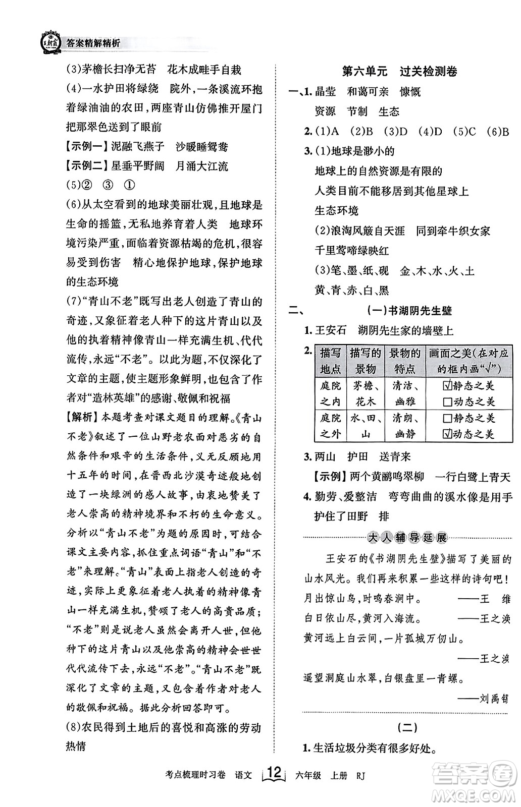 江西人民出版社2023年秋王朝霞考點梳理時習卷六年級語文上冊人教版答案