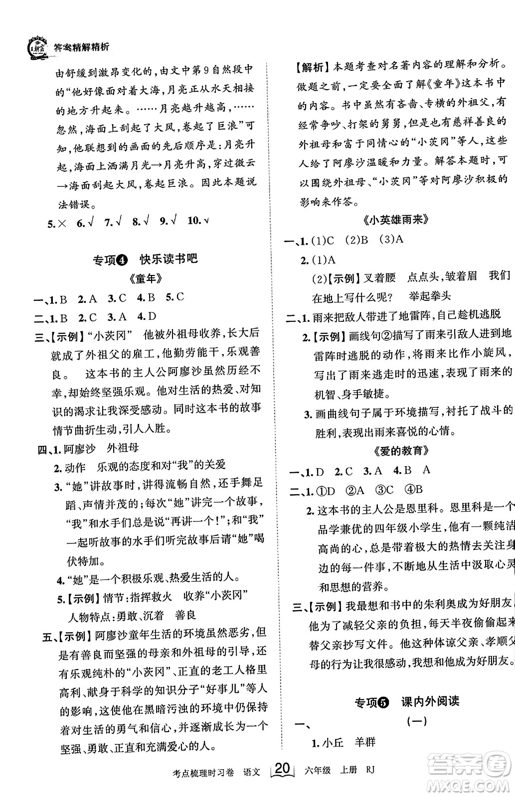 江西人民出版社2023年秋王朝霞考點梳理時習卷六年級語文上冊人教版答案