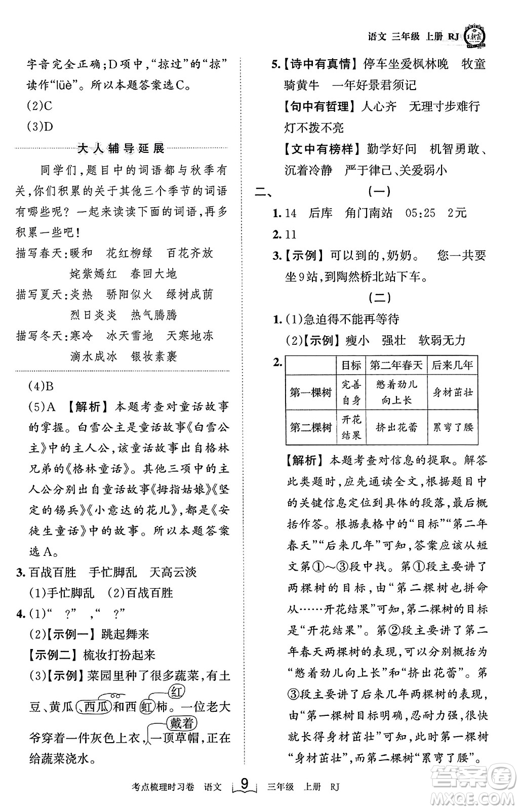 江西人民出版社2023年秋王朝霞考點(diǎn)梳理時習(xí)卷三年級語文上冊人教版答案