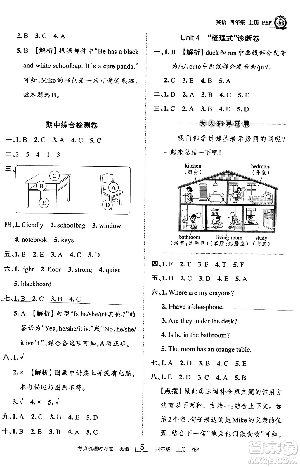 江西人民出版社2023年秋王朝霞考點梳理時習卷四年級英語上冊人教PEP版答案