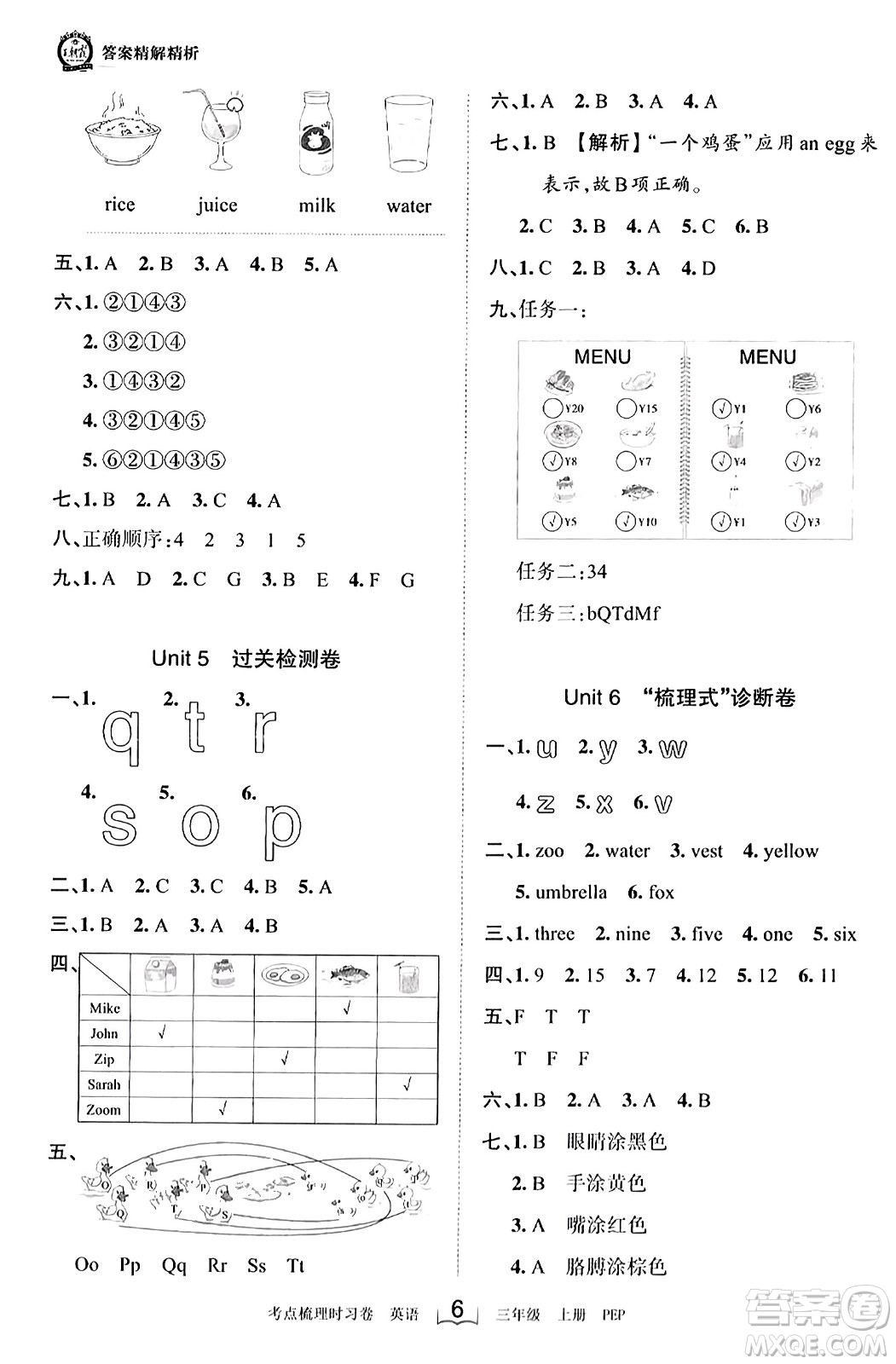 江西人民出版社2023年秋王朝霞考點(diǎn)梳理時(shí)習(xí)卷三年級(jí)英語上冊(cè)人教PEP版答案