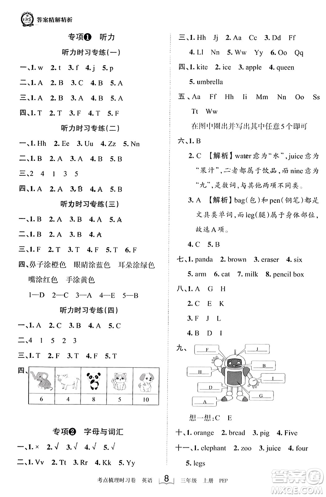 江西人民出版社2023年秋王朝霞考點(diǎn)梳理時(shí)習(xí)卷三年級(jí)英語上冊(cè)人教PEP版答案