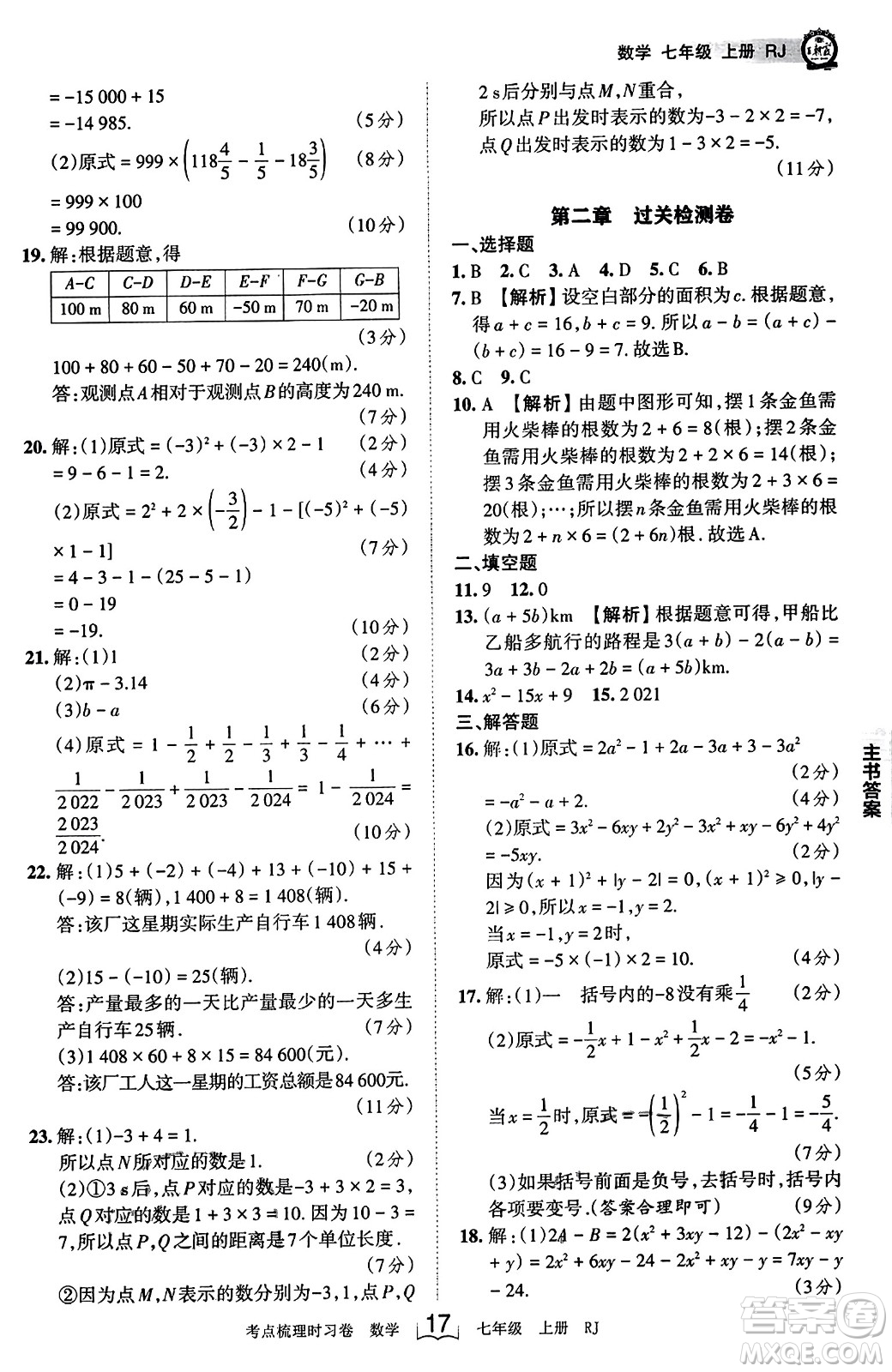 江西人民出版社2023年秋王朝霞考點(diǎn)梳理時(shí)習(xí)卷七年級(jí)數(shù)學(xué)上冊(cè)人教版答案