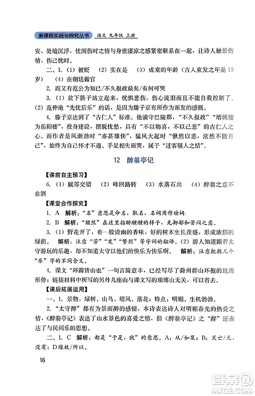 四川教育出版社2023年秋新課程實踐與探究叢書九年級語文上冊人教版答案