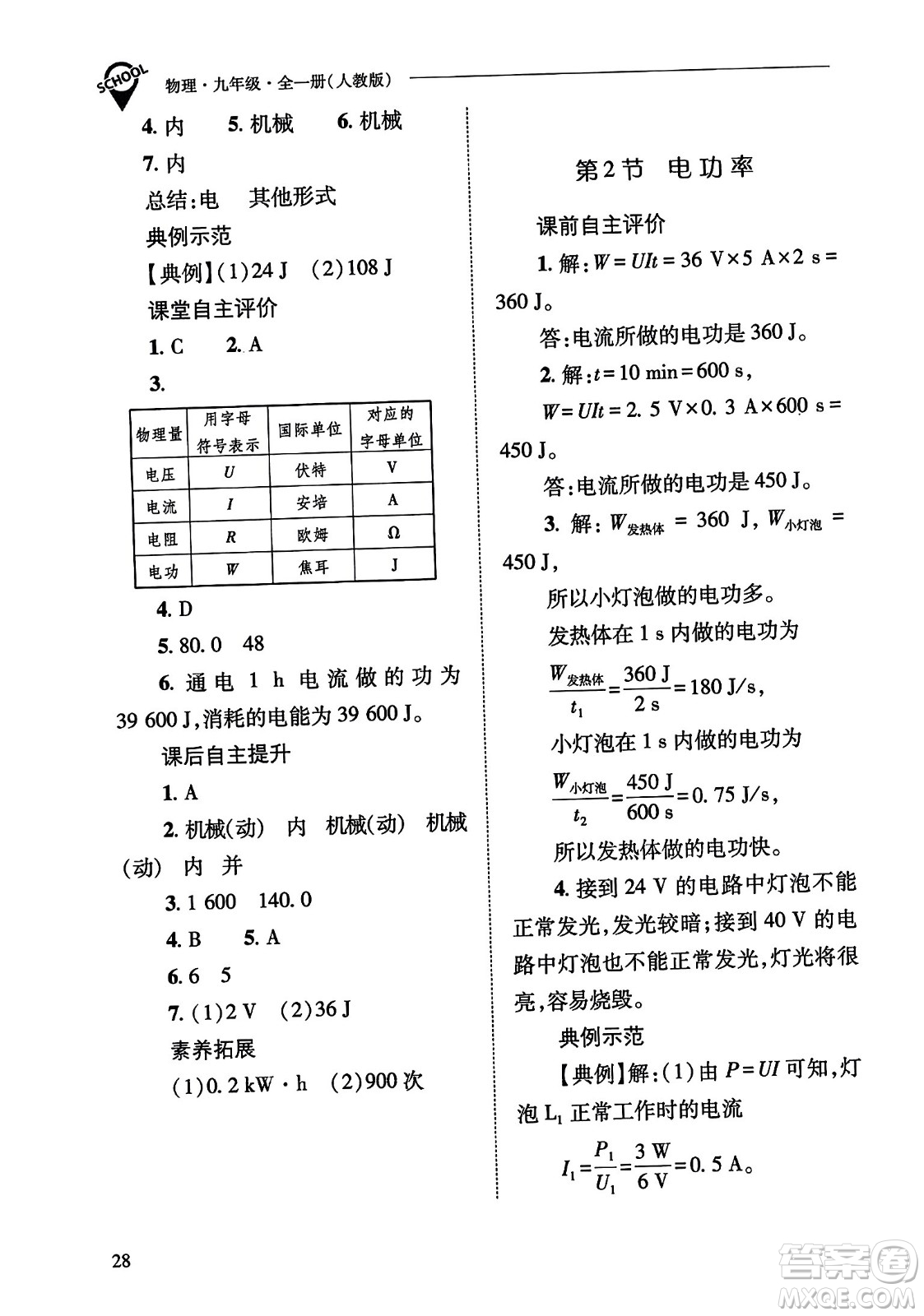 山西教育出版社2023年秋新課程問題解決導學方案九年級物理全一冊人教版答案