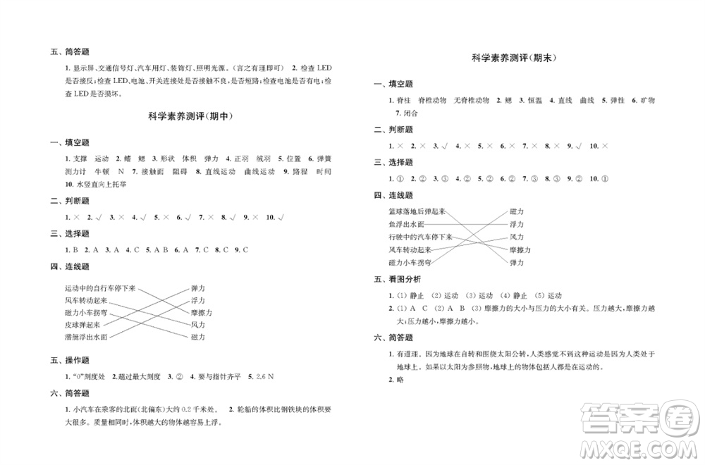 江蘇鳳凰教育出版社2023年秋小學科學實驗冊四年級上冊蘇教版雙色版參考答案