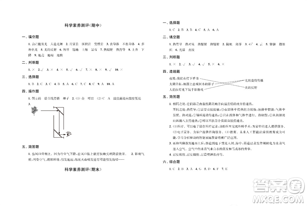 江蘇鳳凰教育出版社2023年小學(xué)科學(xué)實(shí)驗(yàn)冊五年級上冊蘇教版雙色版參考答案