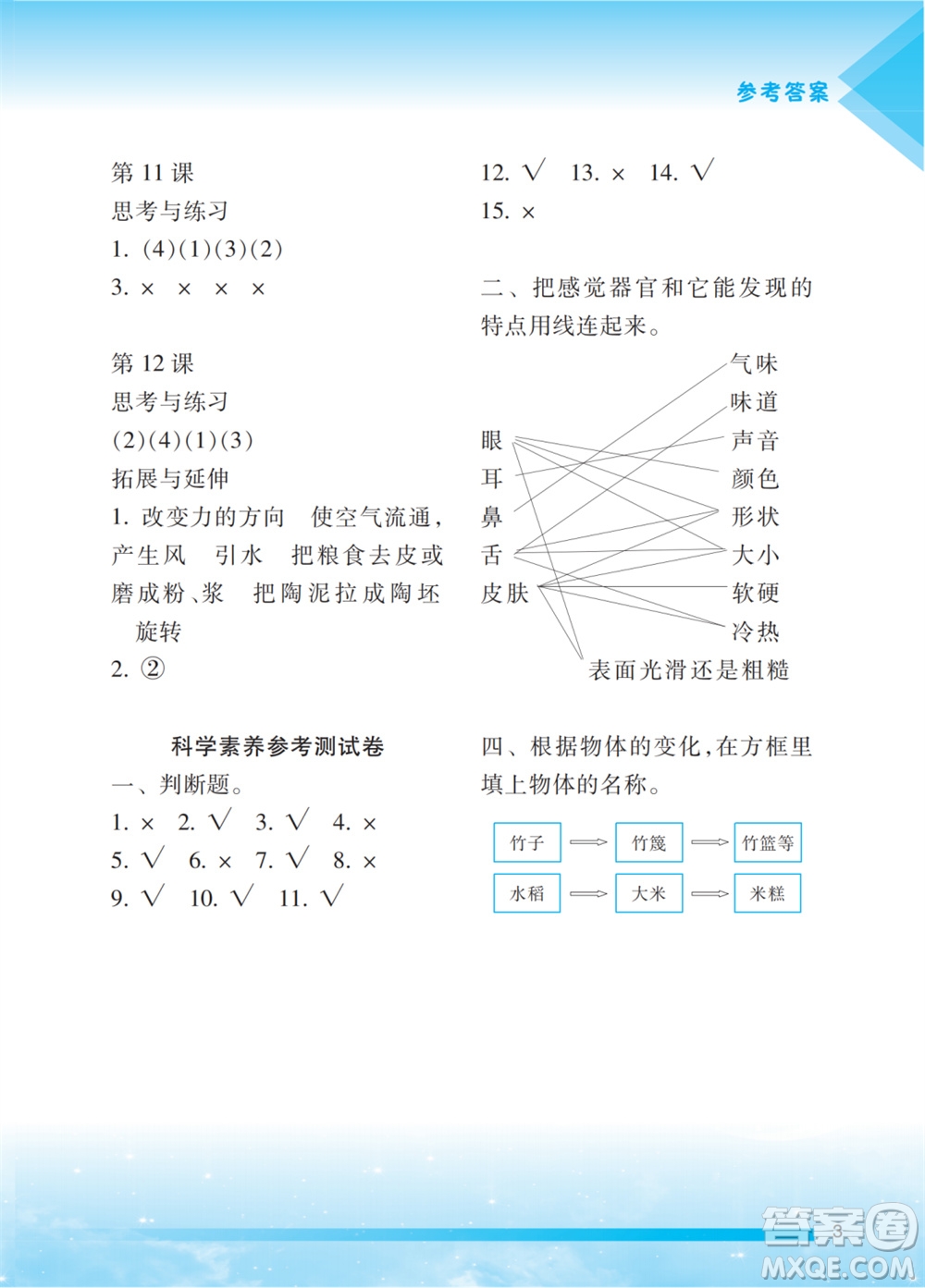 江蘇鳳凰教育出版社2023年小學科學實驗冊一年級上冊蘇教版江蘇山西專用參考答案