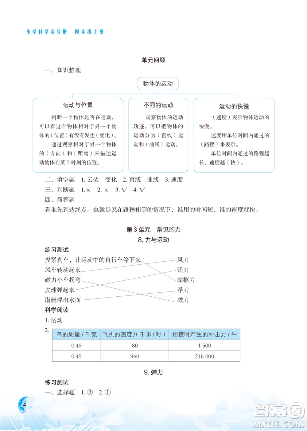 江蘇鳳凰教育出版社2023年小學(xué)科學(xué)實驗冊四年級上冊蘇教版江蘇山西專版參考答案