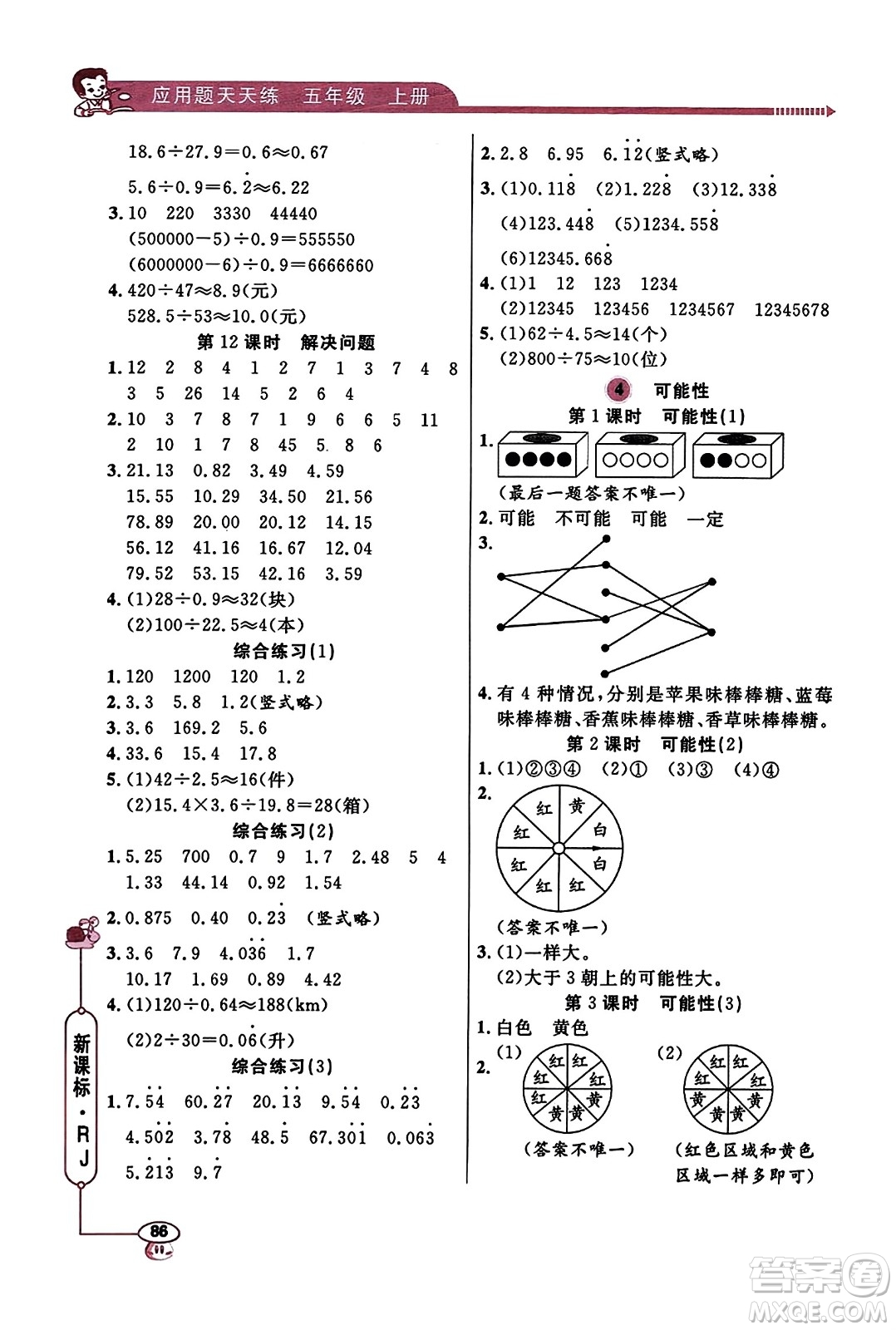 山東畫報(bào)出版社2023年秋應(yīng)用題天天練五年級數(shù)學(xué)上冊人教版答案