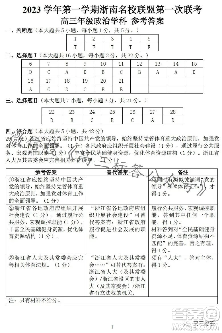 浙南名校聯(lián)盟2023學年高三第一學期第一次聯(lián)考政治試卷答案