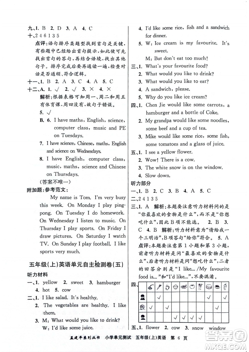 浙江工商大學(xué)出版社2023年秋孟建平小學(xué)單元測試英語五年級上冊人教版參考答案