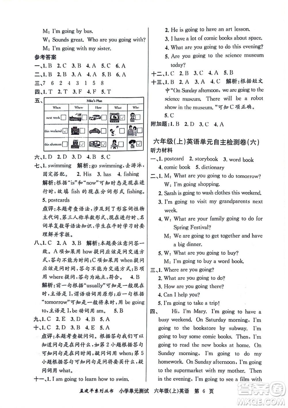 浙江工商大學(xué)出版社2023年秋孟建平小學(xué)單元測試英語六年級上冊人教版參考答案