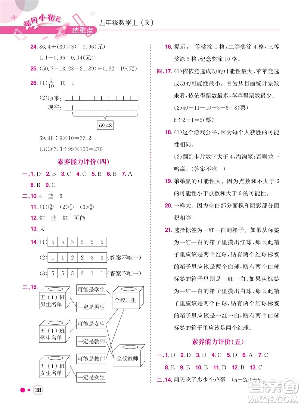 龍門書局2023年秋黃岡小狀元練重點(diǎn)培優(yōu)同步作業(yè)五年級(jí)數(shù)學(xué)上冊(cè)人教版參考答案