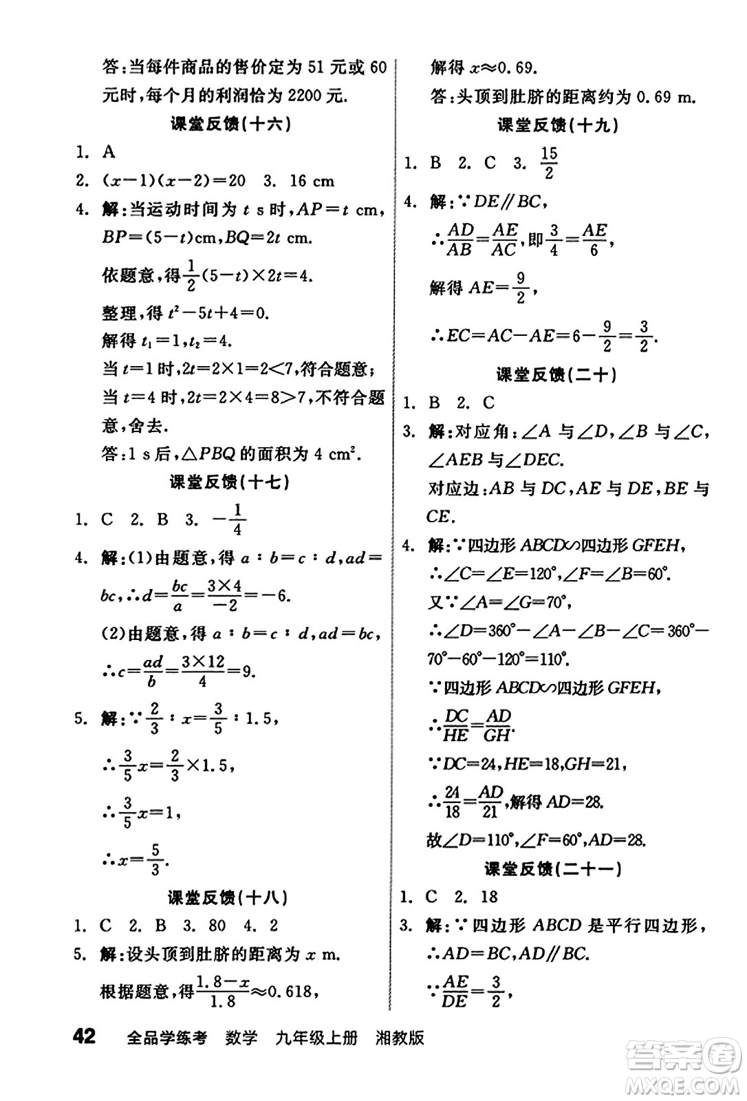 陽光出版社2023年秋全品學(xué)練考九年級數(shù)學(xué)上冊湘教版答案