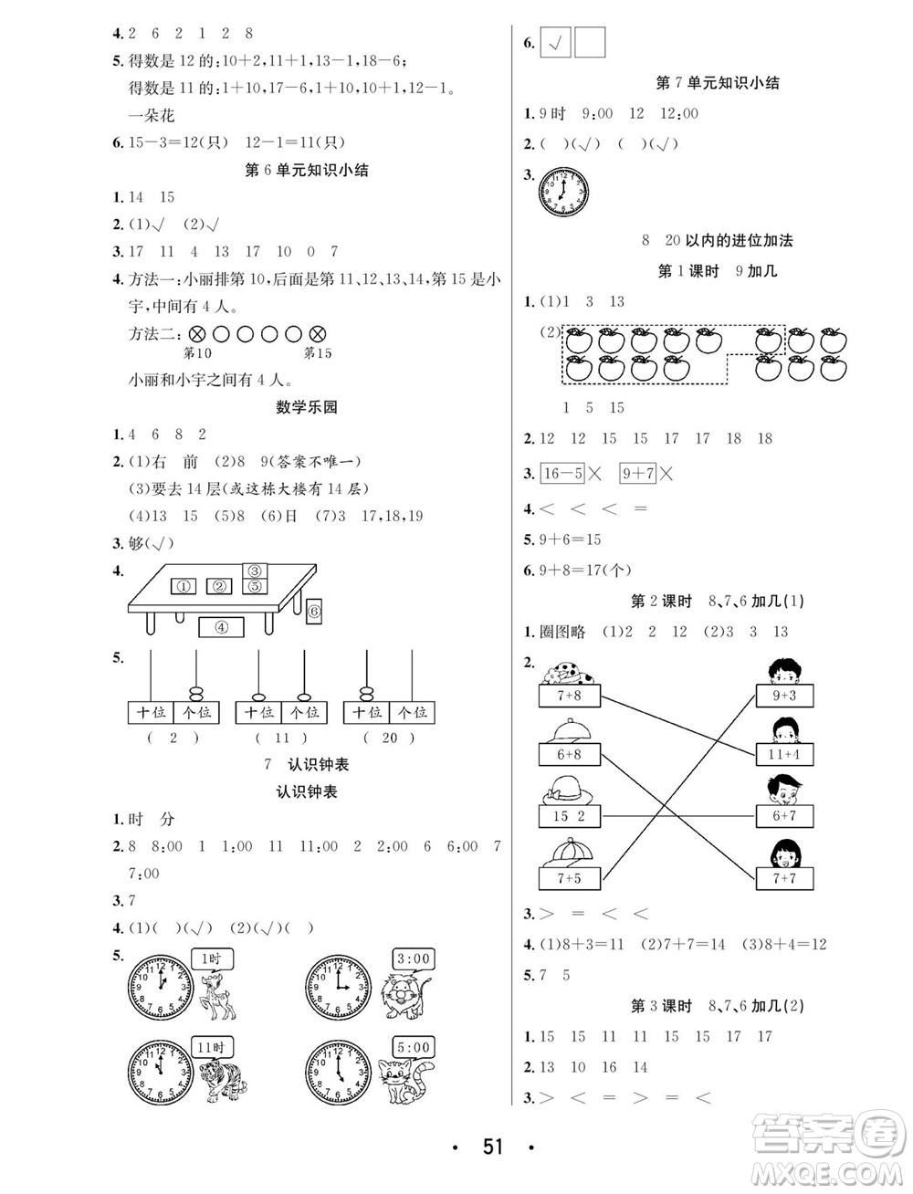 合肥工業(yè)大學(xué)出版社2023年秋七天學(xué)練考一年級數(shù)學(xué)上冊人教版參考答案