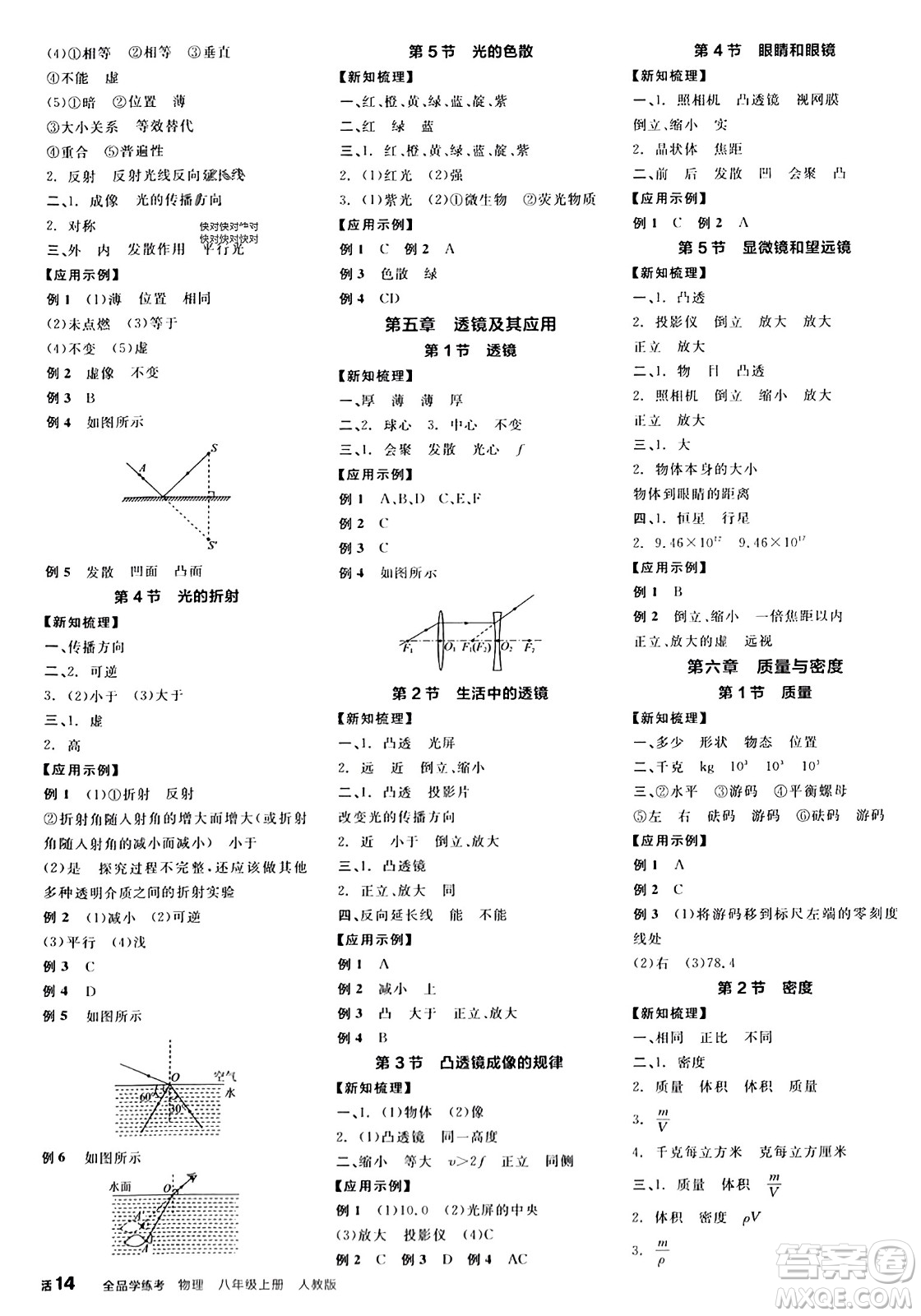 陽(yáng)光出版社2023年秋全品學(xué)練考八年級(jí)物理上冊(cè)人教版答案