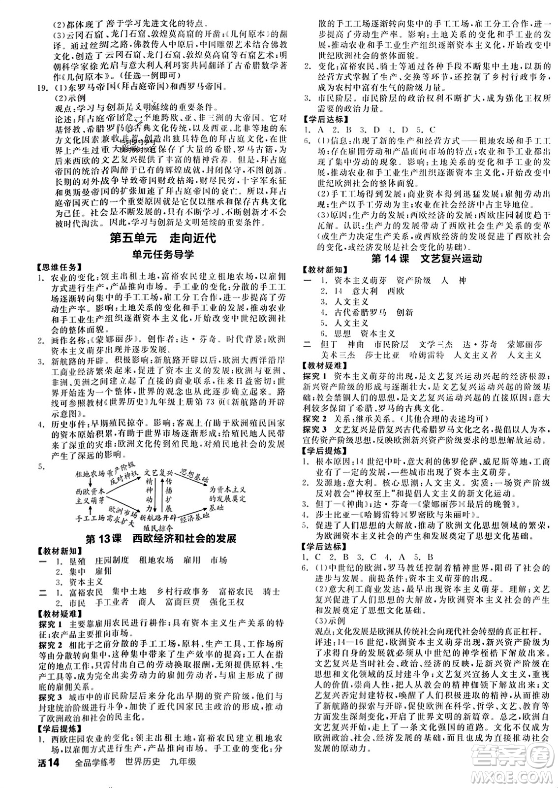 天津人民出版社2023年秋全品學(xué)練考九年級(jí)世界歷史上冊(cè)通用版答案