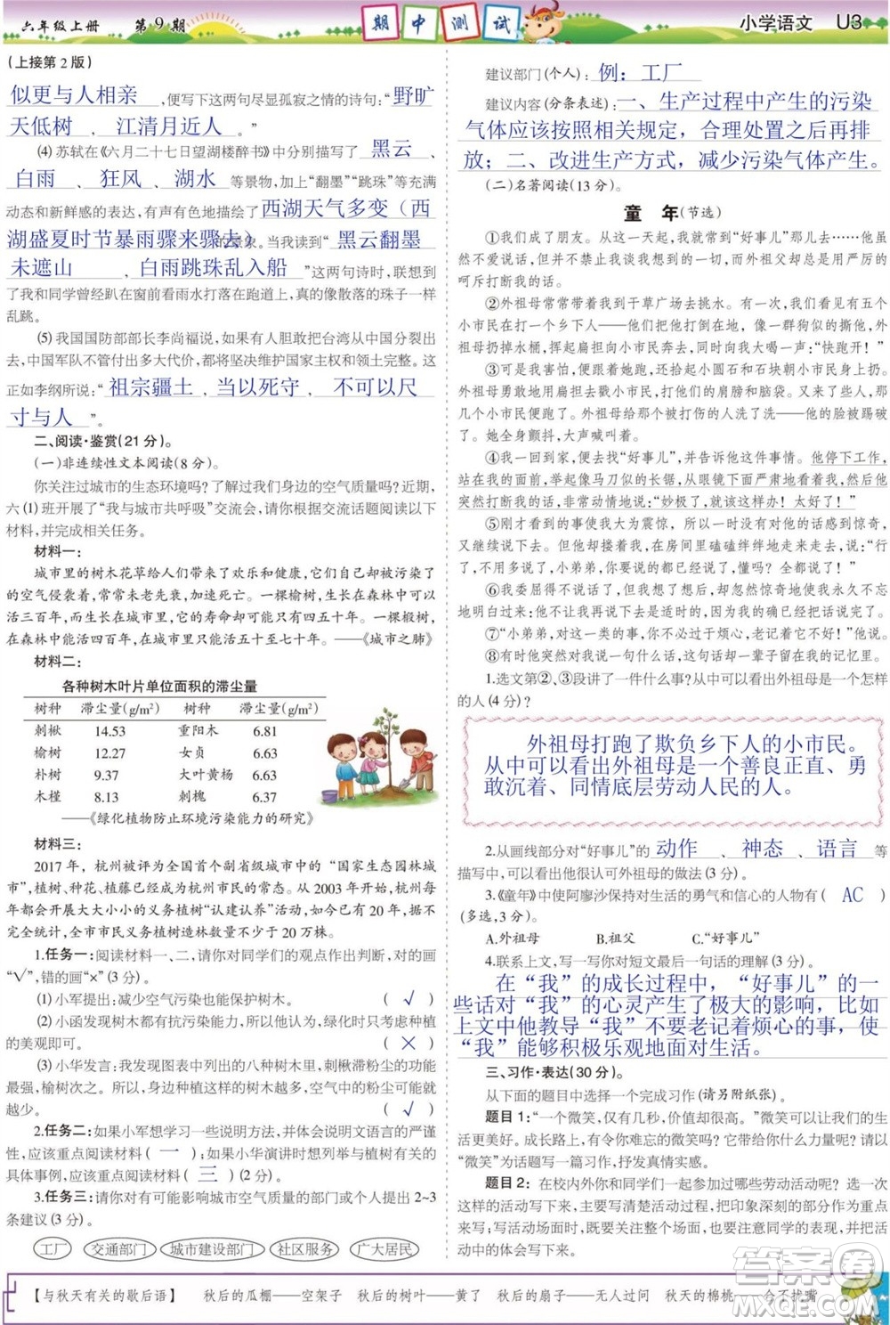 2023年秋少年智力開發(fā)報(bào)六年級語文上冊人教版第9-12期答案