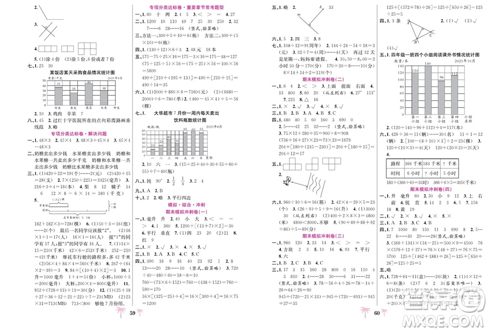 合肥工業(yè)大學出版社2023年秋好題必刷卷期末沖刺100分四年級數(shù)學上冊蘇教版參考答案