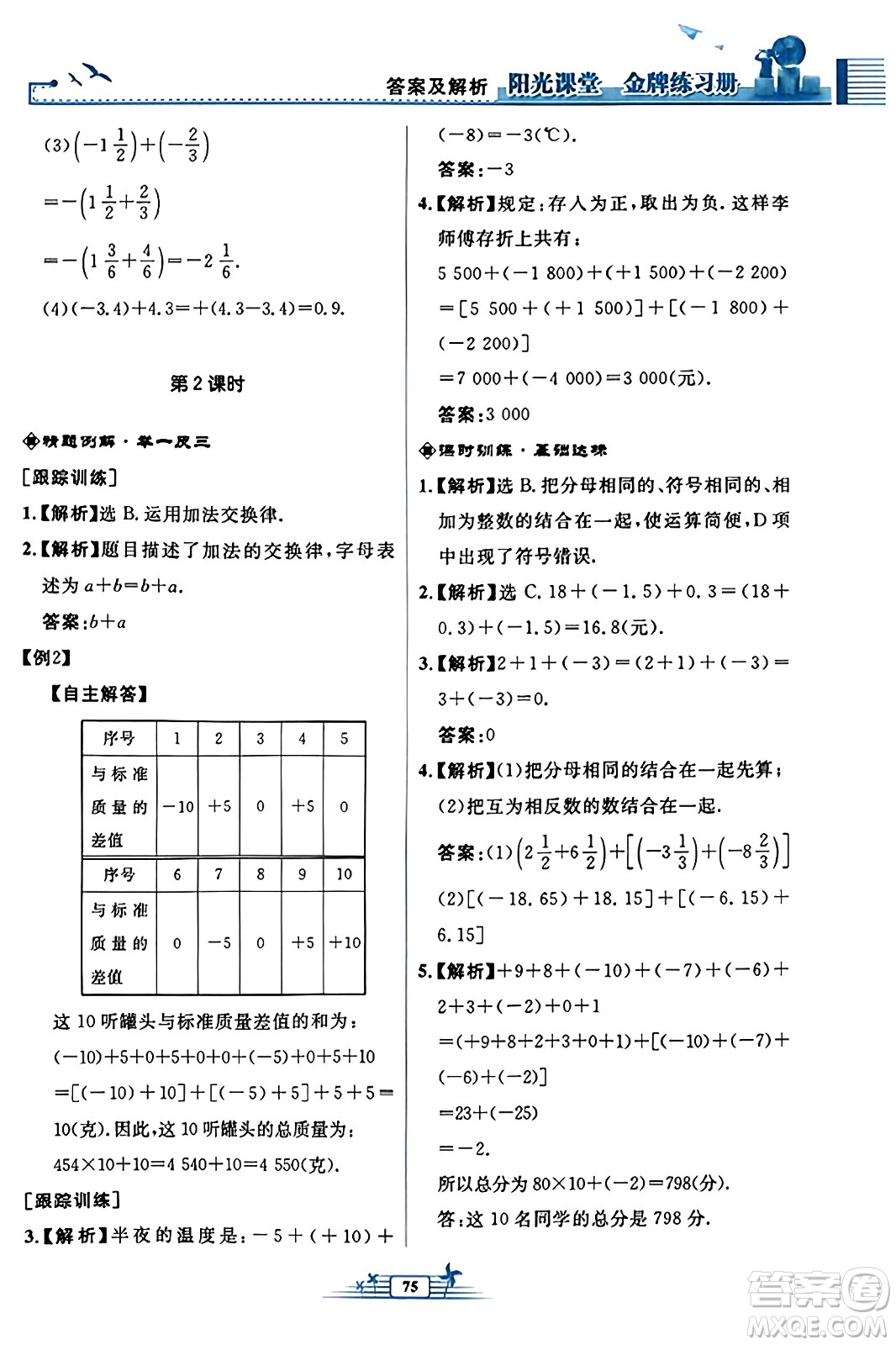 人民教育出版社2023年秋陽光課堂金牌練習冊七年級數(shù)學上冊人教版福建專版答案