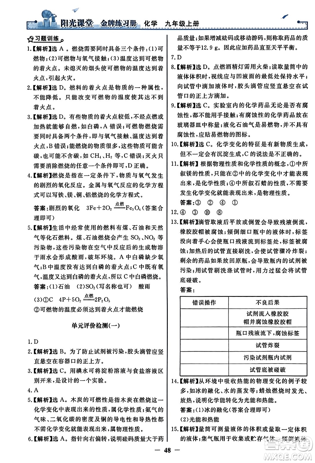 人民教育出版社2023年秋陽光課堂金牌練習(xí)冊九年級化學(xué)上冊人教版答案