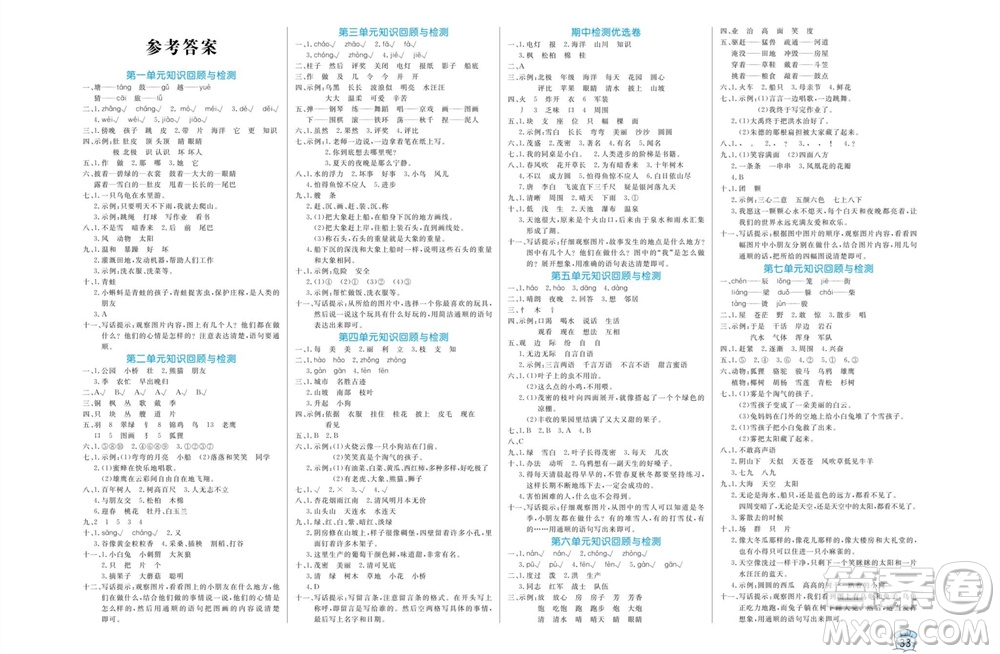 沈陽出版社2023年秋黃岡名卷二年級語文上冊人教版參考答案