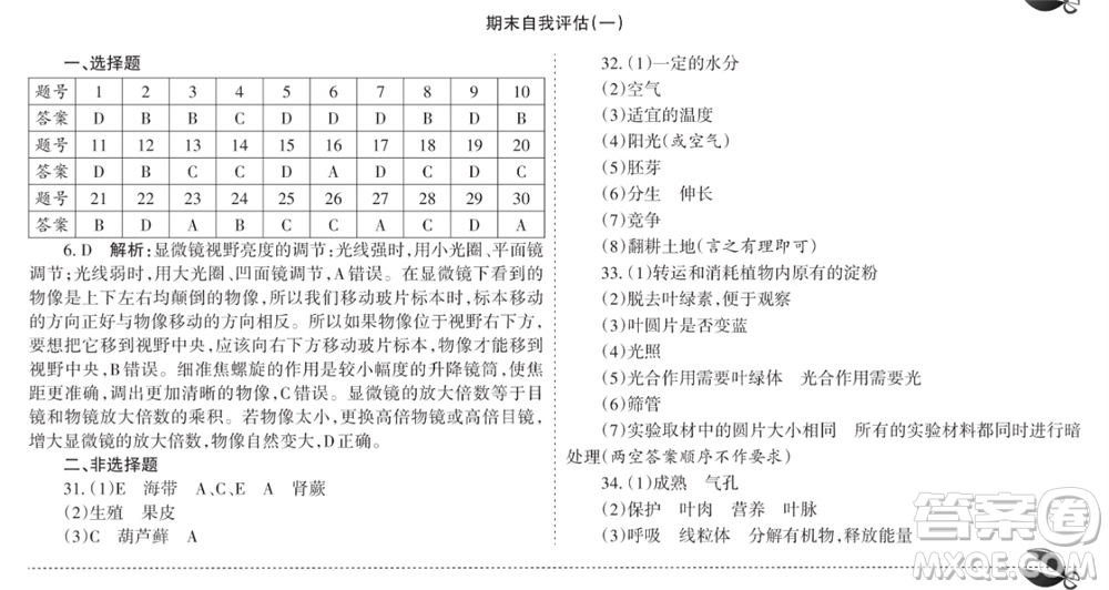 學習方法報2023-2024學年七年級生物上冊人教廣東版④-⑥期小報參考答案