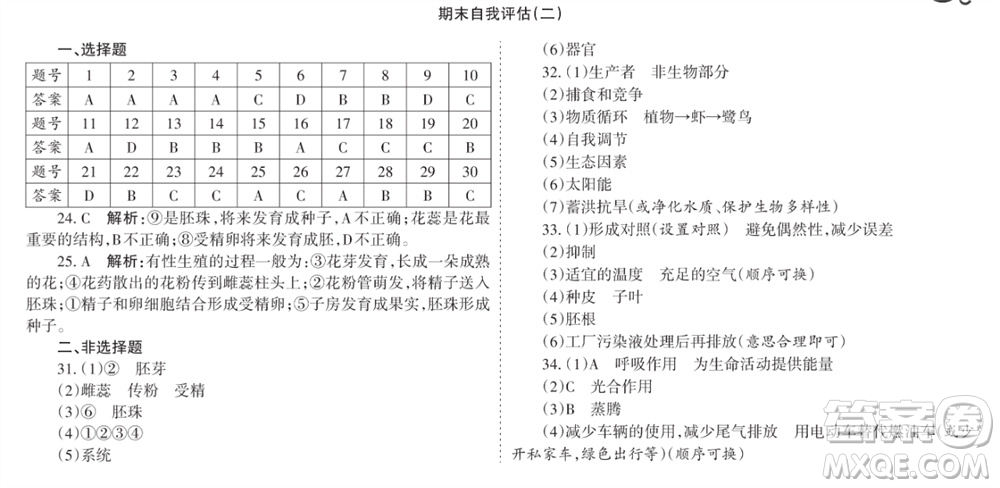 學習方法報2023-2024學年七年級生物上冊人教廣東版④-⑥期小報參考答案