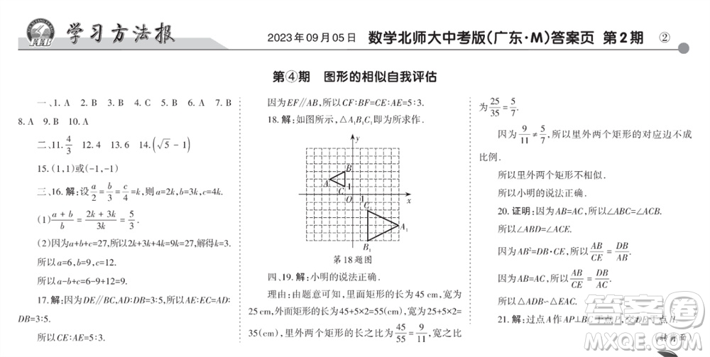 學(xué)習(xí)方法報(bào)2023-2024學(xué)年九年級(jí)數(shù)學(xué)上冊(cè)北師大廣東版④-⑥期小報(bào)參考答案