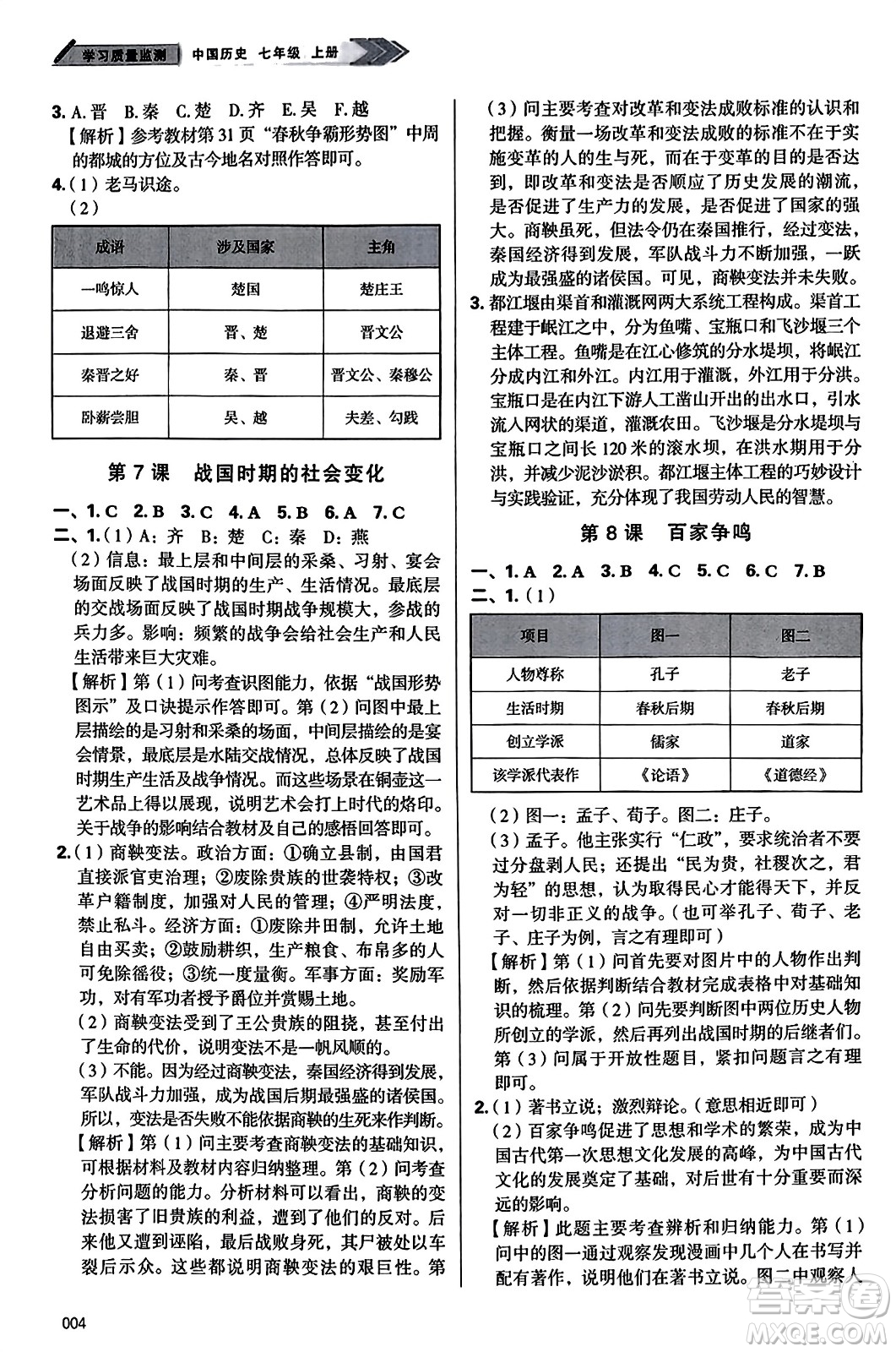 天津教育出版社2023年秋學習質(zhì)量監(jiān)測七年級中國歷史上冊人教版答案