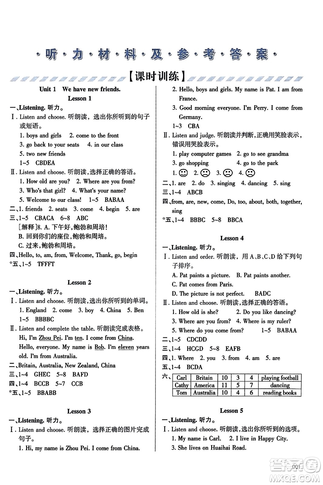 天津教育出版社2023年秋學(xué)習(xí)質(zhì)量監(jiān)測(cè)五年級(jí)英語(yǔ)上冊(cè)人教版答案