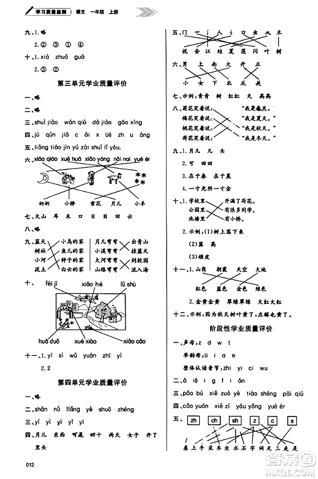 天津教育出版社2023年秋學習質量監(jiān)測一年級語文上冊人教版答案