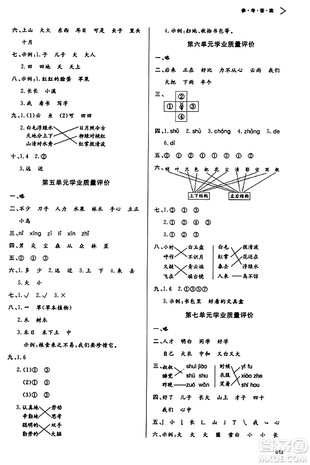 天津教育出版社2023年秋學習質量監(jiān)測一年級語文上冊人教版答案