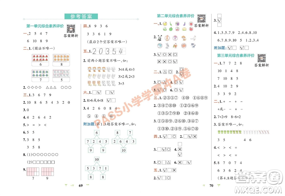 陜西師范大學(xué)出版總社有限公司2023年秋小學(xué)學(xué)霸沖A卷一年級數(shù)學(xué)上冊青島版五四專版參考答案