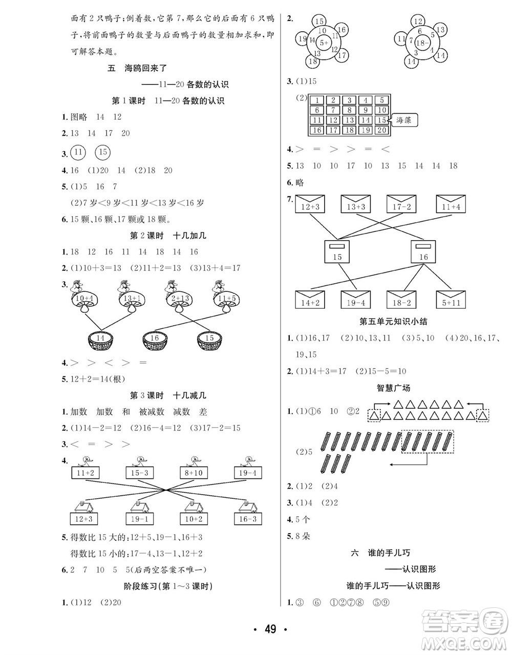 合肥工業(yè)大學出版社2023年秋七天學練考一年級數學上冊青島版參考答案