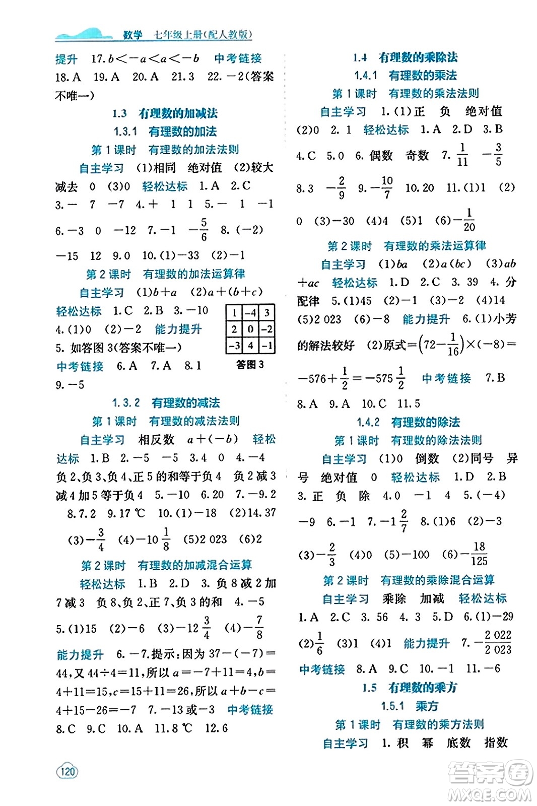 廣西教育出版社2023年秋自主學(xué)習(xí)能力測(cè)評(píng)七年級(jí)數(shù)學(xué)上冊(cè)人教版答案