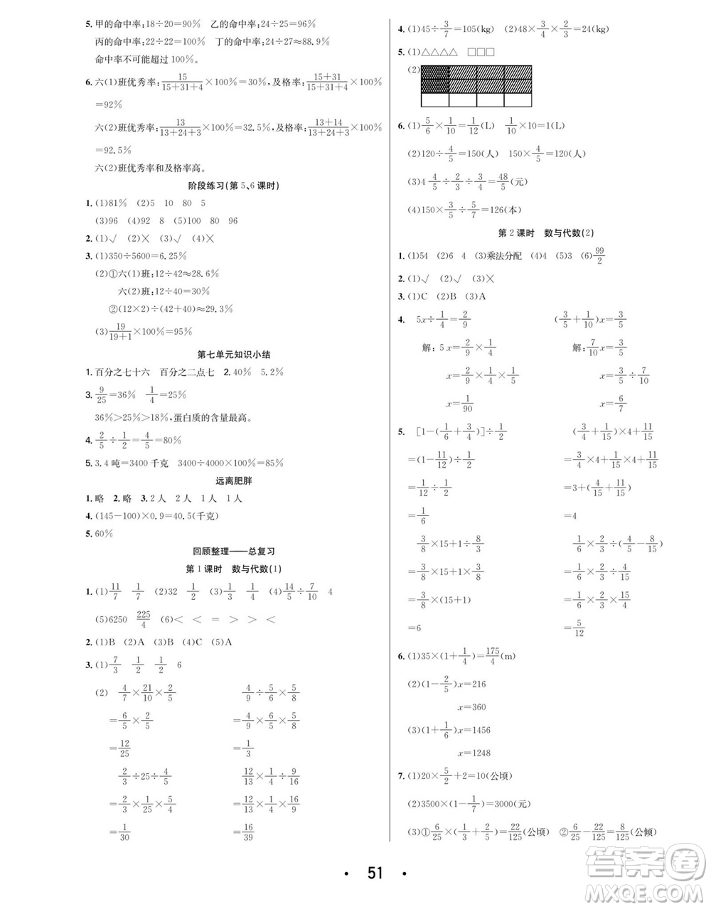 合肥工業(yè)大學(xué)出版社2023年秋七天學(xué)練考六年級數(shù)學(xué)上冊青島版參考答案