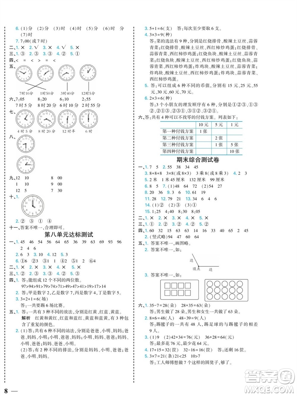 河北美術(shù)出版社2023年秋龍門小考王二年級數(shù)學(xué)上冊人教版參考答案