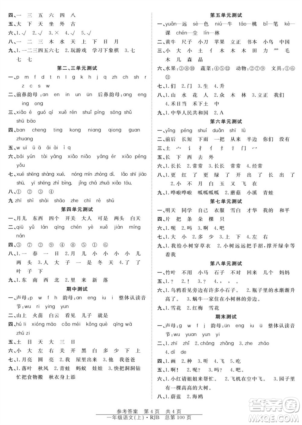 團(tuán)結(jié)出版社2023年秋陽(yáng)光訓(xùn)練課時(shí)作業(yè)一年級(jí)語(yǔ)文上冊(cè)人教版參考答案