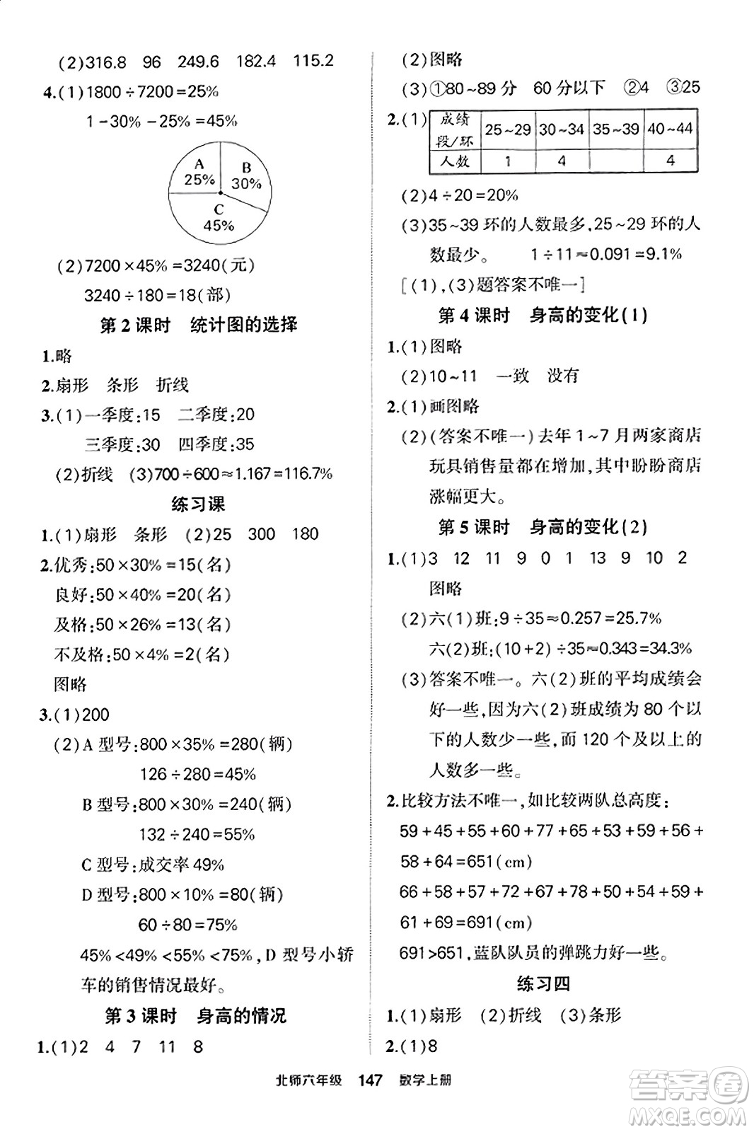 武漢出版社2023年秋狀元成才路狀元作業(yè)本六年級(jí)數(shù)學(xué)上冊(cè)北師大版答案